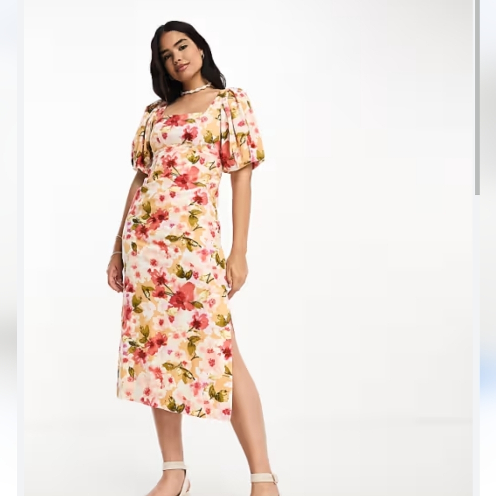Moon River Anthropologie Floral Puff Sleeve Midi Dress Linen Blend Boho NWT M